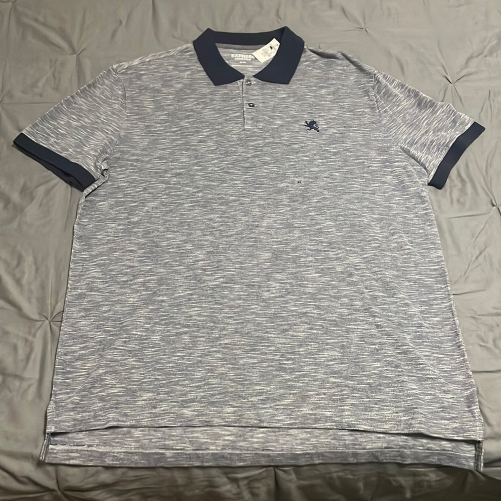 Express Pique Polo - XL - Grey shirt - Navy blue collar and sleeve trim.